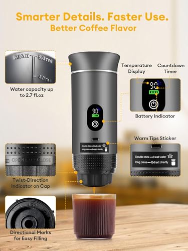 Image of Upgraded 3 in1 Portable Espresso Machine with LED Display,20 Bar Pressure,Real-Time Temp&Battery Indicator,Portable Coffee Maker Compatible with Ground Coffee & Capsules, for Travel,Home