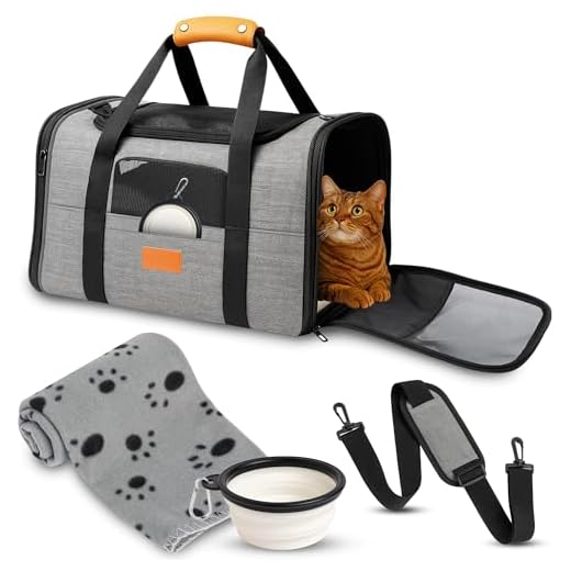 TREKAM - Katzen Transportboxen - Transportbox Katze und Kleine Hunde mit faltbarem Napf, Decke, Schultergurt, gepolsterter Bodenplatte - hundetransportbox Auto Faltbar und für das Flugzeug zugelassen