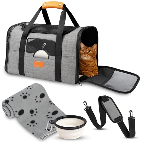 TREKAM - Katzen Transportboxen - Transportbox Katze und Kleine Hunde mit faltbarem Napf, Decke, Schultergurt, gepolsterter Bodenplatte - hundetransportbox...