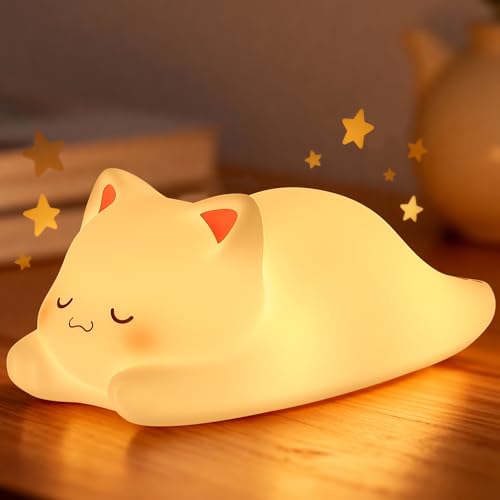 LOVERUIS Nachtlicht Kinder Katzen 1/3 Stunde Timer Niedliches 7 Farben Baby Stilllicht Girl Squishy Lampe Kitty Light Dimmbar Kinderzimmer Lampe Nachtlicht Geschenk für Kind (MIMI)