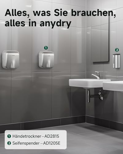 anydry IronStorm 2815 Gewerblicher Händetrockner mit HEPA-Filter - 1600W berührungsloser Sensor, 7-10s Schnelltrocknung, Edelstahl gebürstet (Gebürstet)