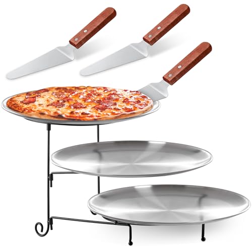 Domensi 7-teiliges Pizzablech-Ständer-Set beinhaltet 1 gestufter Tablettständer, 3 Edelstahl-Pizza-Pfanne und 3 Holzgriffmesser für Tische, Party, Restaurant