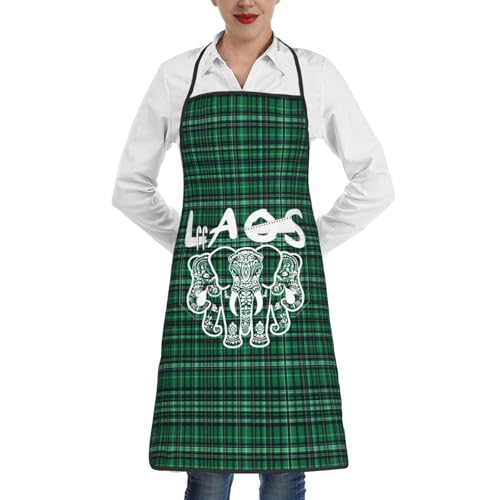 nopicsn Laos Three Headed Elephant Apron for cooking with Pockets Women Men Kitchen Chef Funny Aprons