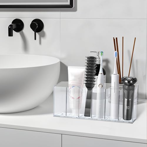 Image of 3 Pcs Clear Pen Holder Tea Bag Makeup Brush Holder, 6 Compartments Organizer with Removable Dividers for Desk Storage Office Accessory Bathroom Kitchen Desktop Pencil Cup Stationery Organization