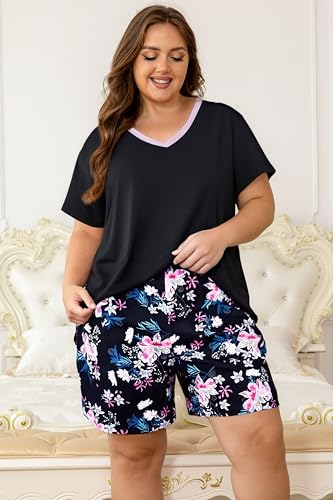 Image of Vozanet Women's Short Sleeve Top and Shorts Pajama Sets Plus Size V Neck Colorful Flower Nighty Loungewear With TWO Pockets