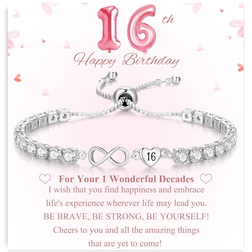 VEEDOFA 16th Birthday Gifts for Girls Sterling Silver Infinity Heart Bracelet Hypoallergenic Adjustable Silver Tennis Bracelet for Women Birthday Gifts with Card for Women