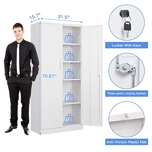 Yizosh Metal Garage Storage Cabinet With 2 Doors And 4 Adjustable Shelves - 71" Steel Lockable File Cabinet,Locking Tool Cabinets For Office,Home,Garage,Gym,School (White) #TOP7
