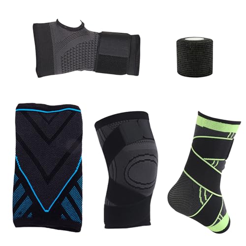 hssopa Codera,Muñequera,Rodilleras,Tobillera,Esparadrapo Deportivo,5 Piezas Protección Articulaciones(Codo+La Muñeca+La Rodilla+El Tobillo+Kinesiotape),Movimiento,Aptitud,Entrenamiento,Correr(L)