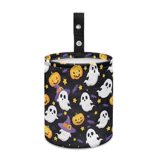 Image of Cute Ghost Pumpkins Hanging Car Trash Bag Vehicle Trash Can with Adjustable Buttons Collapsible Multipurpose Auto Storage Bag Road Trip Essentials