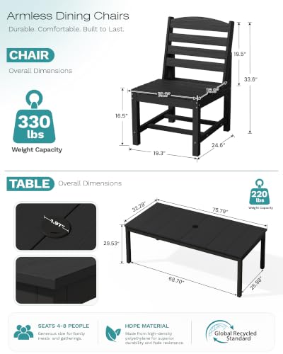 Image of SERWALL Outdoor Dining Set, 9 Piece HDPE Armless Dining Set, Black