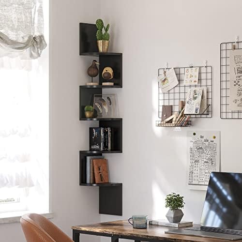 VASAGLE 5-Tier Wall-Mounted Corner Shelf, Wooden Display Shelf, for Kitchen, Bedroom, Living Room, Study, Black LBC20BK