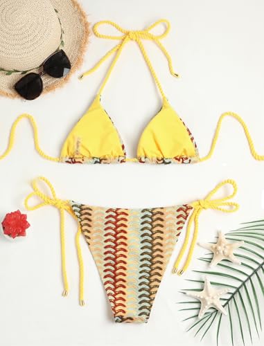 Image of ZAFUL 2 Piece Triangle Bikini for Women Knitted Rope Halter Bikini Sets Sexy Bathing Suit Side Tie Swimsuits Beachwear