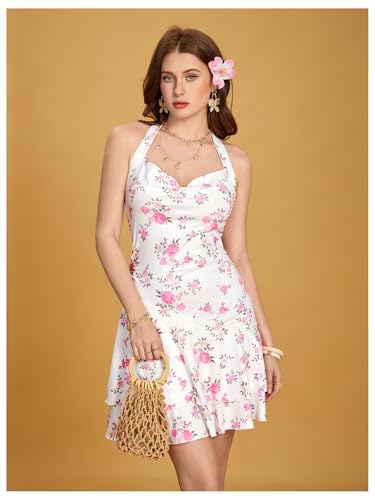 Image of Floerns Women's Cute Summer Halter Neck Floral Leopard Print Short Sundress