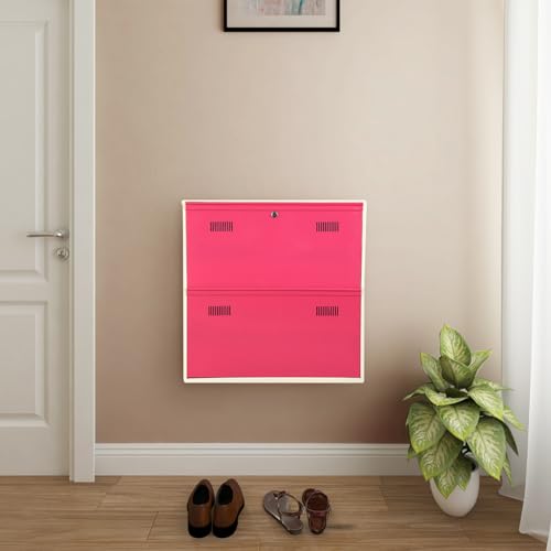 Image of Metal Shoe Rack Wall Mounted for Home with Central Locking 2 Door 28 inch Wall Mounted Metal 6 Pair Shoe Rack Cabinet Pre-Assembled Rack Shelves 3 Year Warranty (Pink & Ivory)