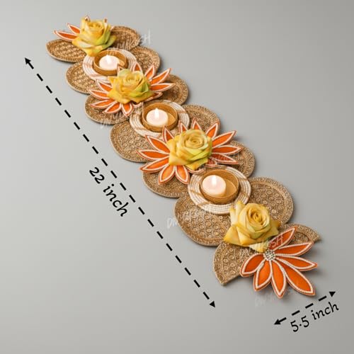 Image of Divyakosh Traditional Lotus Design Table Runner with Led Tea Light, Yellow and Gold Floral Pattern, 22 Inch