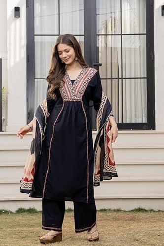 Image of MEERA FAB Women Floral Printed Pure Cotton Straignt V-Neck Kurta with Trousers & Dupatta