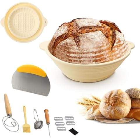 Silicone Bread Proofing Basket, 9 Inch Round Foldable Banneton Basket for Sourdough, Complete Bread Baking Kit for Bread Making With Essential Tools Supplies, Easy to Clean and Storage Cover