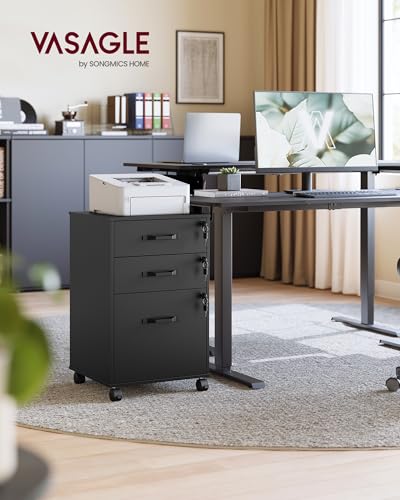 Image of VASAGLE 3-Drawer Mobile File Cabinet, Home Office, Locking, Printer Stand | Highlight: Small Rolling, A4, Letter-Size Hanging File Folders, Ink Black, CUSTOS Collection UOFC084BC01SV1