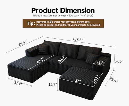 107.5" Cloud Modular Sectional Sofa with 1 Ottoman,Modern Minimalist Upholstered Couches, Comfort U Shaped Sofa for Living Room,Deep Seat Corner Couch,No Assembly Required (Black,Left Facing Chaise) - Image 3