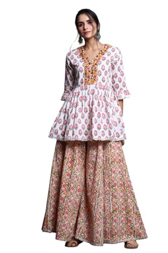 KYETH Women's Hand Block Print Embroidered Cotton Kurti Set with ...