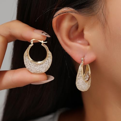 14K Gold Plated 23–25mm Lightweight Mesh Hoop Earrings for Women, Cubic Zirconia, 925 Sterling Silver Post, Hypoallergenic2