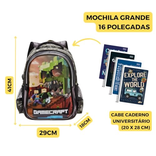 Kit Mochila Costas Infantil Gamecraft Estojo E Lancheira