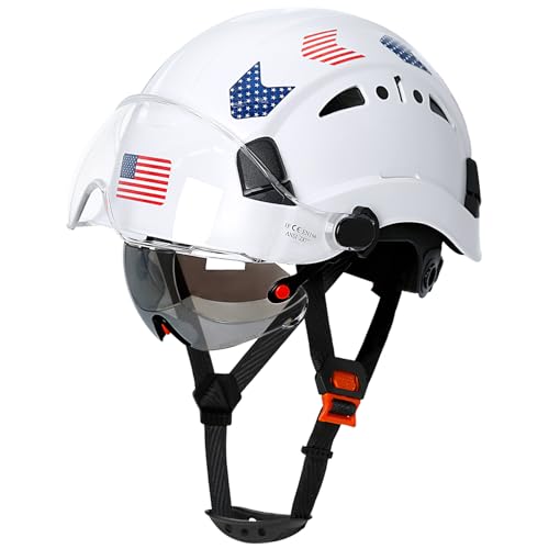 Aolamegs Safe Hard Hats Construction OSHA Approved with Double Visor - Cascos De Construccion White Hard Hat with Clear and Tinted Visor Construction Safety Helmet Hat with Chin Straps 6pt Suspension