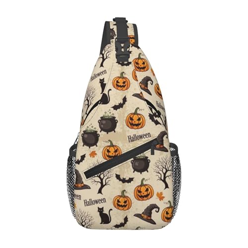 Casual Sling Backpack Chest Shoulder Crossbody Backpack, Compatible with Halloween Decorations Black Cat Bat Pumpkin Skull Party Pattern Satchel Travel Bag Hiking Daypack for Men/Women2