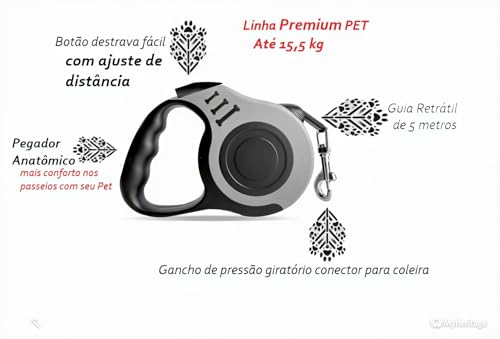 Guia Retrátil 5m Premium: Segurança e Liberdade para Cães até 15,5kg (CINZA COM PRETO)