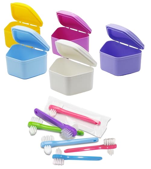AmeriCan Goods 6/Pk Premium Probath Assorted Denture Bath Box with 6/Pk Mini Denture Brushes Clean & Care Denture Bath Case Cup with Brushes