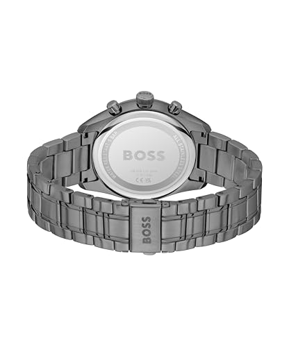 Image of BOSS Grand Prix 44 Qtz Fashion Chrono Green Round Dial Men's Watch|Ionic Plated Grey Steel Material|Grey Color Band - 1514228