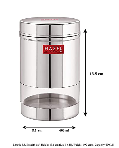 Image of HAZEL Stainless Steel Kitchen Container | 600 ml Each Transparent Kitchen Container Set with Glossy Finish | Multipurpose Kitchen Storage Organizer, Set of 6