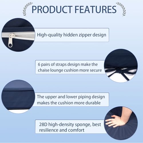 Actualaction Outdoor Chaise Lounge Cushions Set of 2, Waterproof Fade Resistant Patio Lounger Cushion with Removable Cover, Replacement Sun Lounger Pad for Pool Deck Lawn (2pc-Navy, 72 * 21 * 3 inch) by Actualaction - Image 3