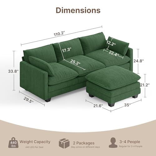 Image of Gizoon 110'' Oversized L Shaped Couch for Living Room, Cloud Couches with Washable Corduroy Cover, Modern 4-Seater Comfy Deep-Seat Sofa with Movable Ottoman and 2 Throw Pillows for Apartment, Green