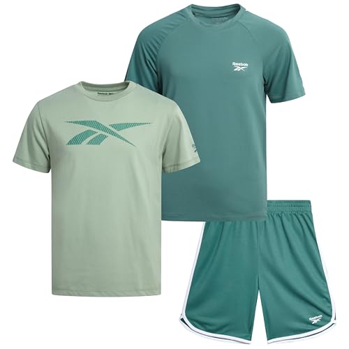 Image of Reebok Boys Athletic Shorts Set - 3 Piece Summer Clothes Outfit with Graphic Tees and Boys Running Shorts for Active Kids
