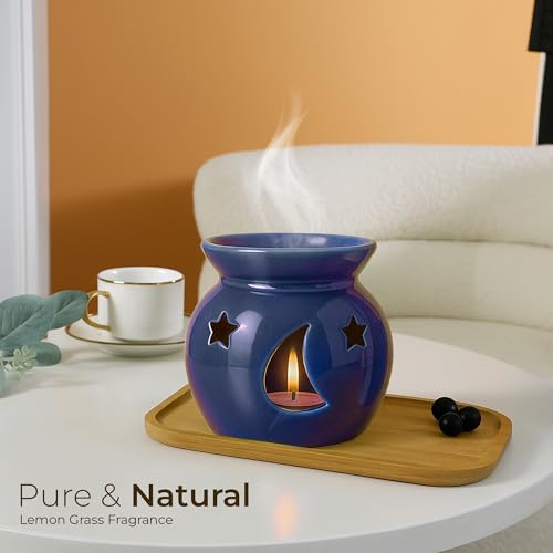 Image of Floryn Decor Ceramic Oil Diffuser Set with 5ml Essential Oil & 2 Tealight Candles | Aromatherapy Burner for Home, Bedroom, Spa & Office | Relaxing Fragrance, Compact Size - Gift Pack Blue