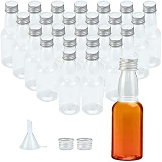 TANCUDER 24 PCS Mini Liquor Bottles 50ml Miniature Bottles Reusable Plastic Empty Spirit Bottles Containers with Silver Screw Caps, Liquid Funnel for Easy Pouring Bottle Filling, Leak Proof 