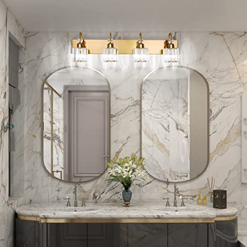 Image of Ralbay Brass Gold Vanity Lights 4-Lights Crystal Bathroom Lighting Fixtures Over Mirror Modern Wall Lighting for Bathroom