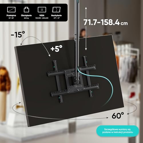 ONKRON N1L uchwyt sufitowy do telewizora, 32 – 80 cali, wysuwany 717 – 1584 mm, do płaskich i zakrzywionych LED, LCD, QLED, OLED, obrotowy, pochylany, VESA, czarny
