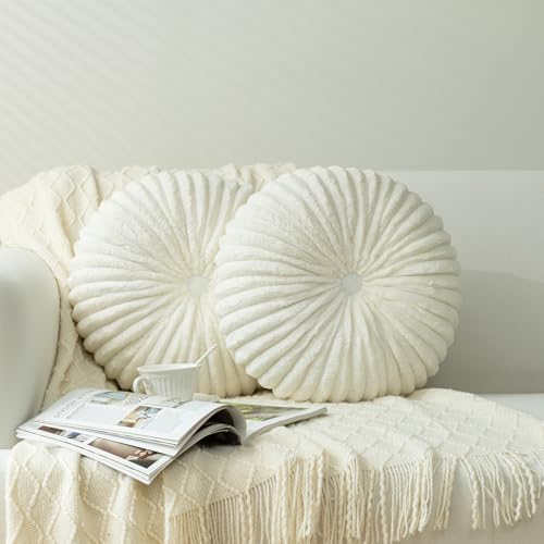 Image of HIG Decorative Round Throw Pillows for Bed Couch - Set of 2 Handcraft Ruched Pumpkin Pillow, Soft and Durable Flannel Floor Pillow for Home Decor, Bed Living Room and Sofa (Off White,14.5 inchx14.5 inch)