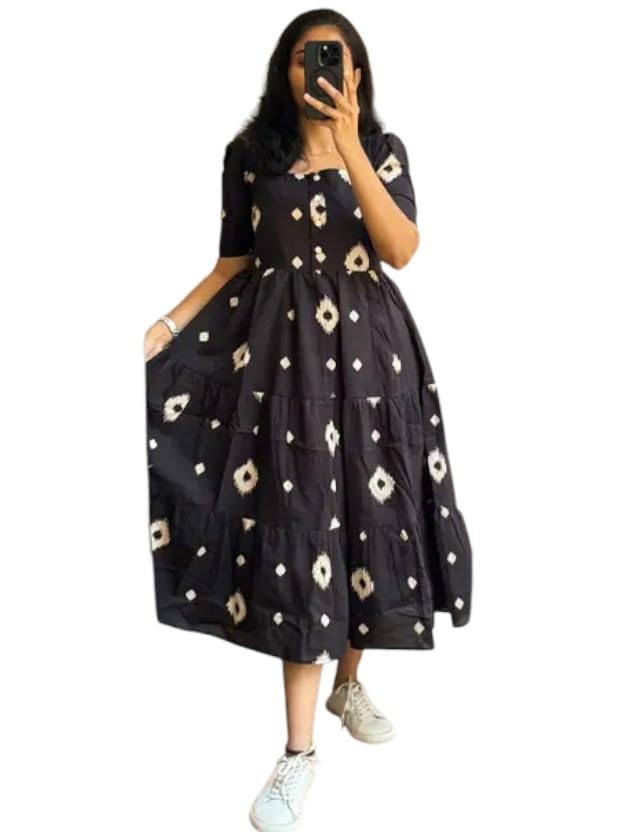 Women's Rayon Floral Printed Western Dress – Casual Midi Dress with Baloon Sleeve