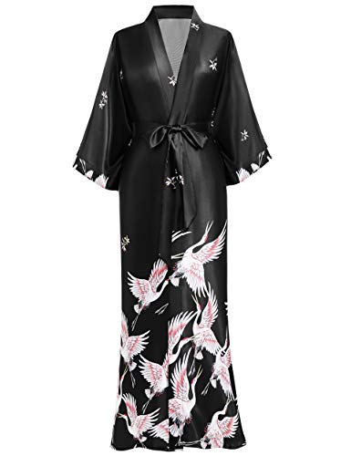 BABEYOND Kimono Long en Satin Robe de chambre Longue pour Femme Peignoir Long Satin avec Motif Grue (Taille Unique) (Noir)