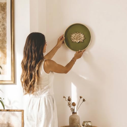 Image of BEHOMA Lotus Metal Wall Plate Olive Green & Gold 8.4 inch