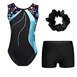 LiiYii Mädchen Gymnastik Ensemble Mit Strass Glitzer Und Haargummi Sowie Tanz Shorts Für Wettbewerb Ballett Eiskunstlauf Kinderaufführung Jahre Cyan Schwarz 134-140