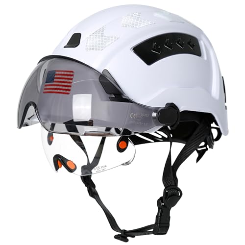 Aolamegs White Hard Hats Construction OSHA Approved with Visor-Safety Helmet Hard Hat with Chin Strap,Vented Hardhat with Visor and Sunglasses,Forestry,Arborist Helmet with Face Shield