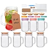 16 oz Mason Jar Cups with Handle,Mason Jar Cups with Lids and Straws,Set include glass straws, stainless steel straws, wooden lids, plastic lids,cup brush, straw brush,Hemp rope, tag 8pack