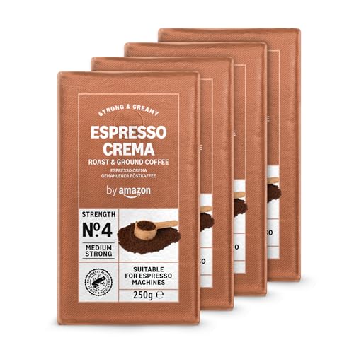 by Amazon Ground Coffee Espresso Crema, Medium Roast, 250 g, Pack of 4 - Rainforest Alliance Certified