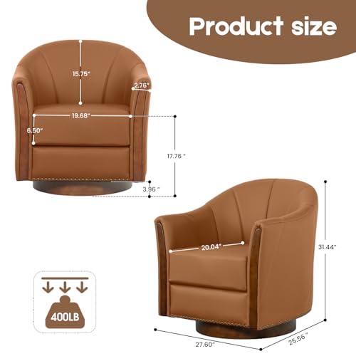 Image of 360 Swivel Accent Chair, Modern Leather Barrel Club Chair with Leather Upholstery and Sturdy Wood Base, Comfortable Armchair for Living Room, Bedroom, Reading Nook, Brown