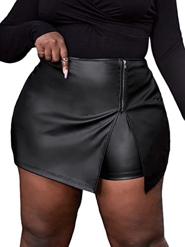 MakeMeChic Women's Plus Size Faux Leather Shorts Zipper Front Split PU Leather Skorts Black 3XL
