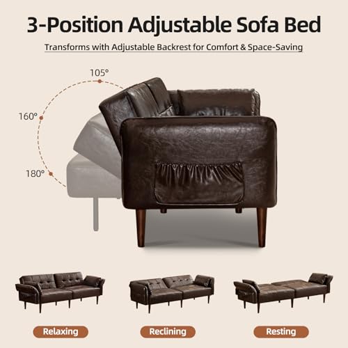 Image of HALLYBEE 85 inch Futon Sofa Bed, Sleeper Sofa, Small Couch with Storage Adjustable Armrests Pillows, Faux Leather Loveseat, Mid Century Modern Couches for Living Room, Bedroom, Apartment, Coffee Brown